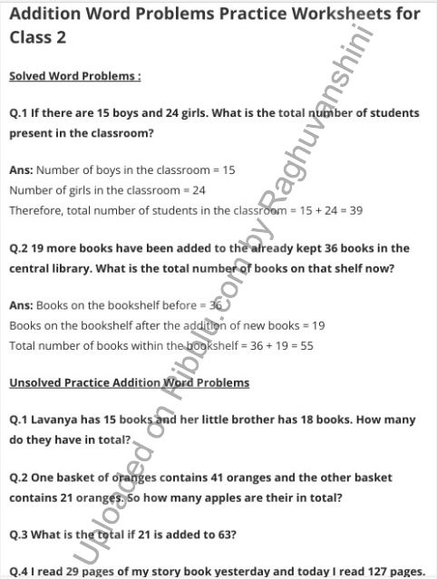 Addition Word Problems for Class 2 in PDF format