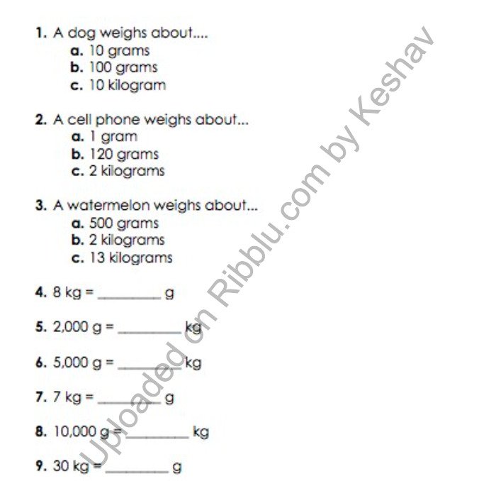 Class 2 Measuring Length, Weight , Capacity Worksheet in PDF