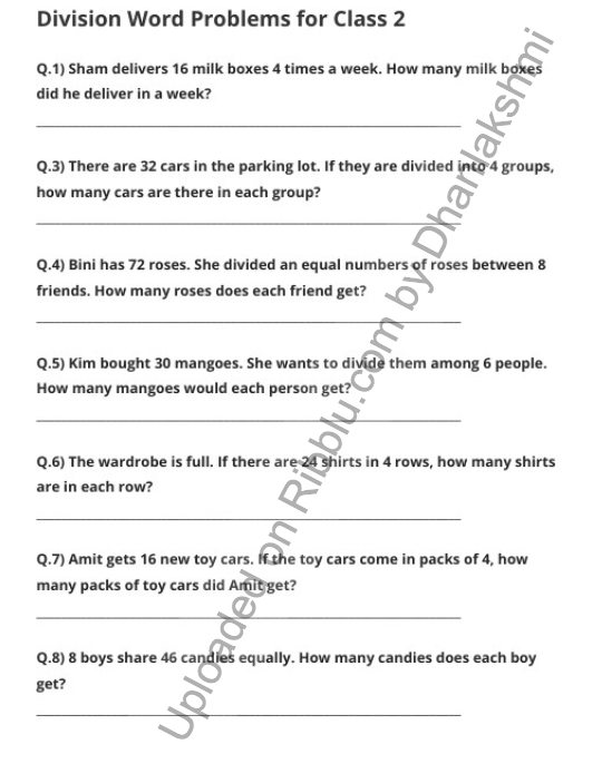 Division Word Problems for Class 2 in PDF Format