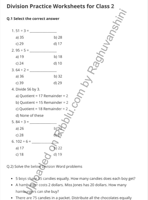 Division Worksheets for Class 2 in PDF format for free download