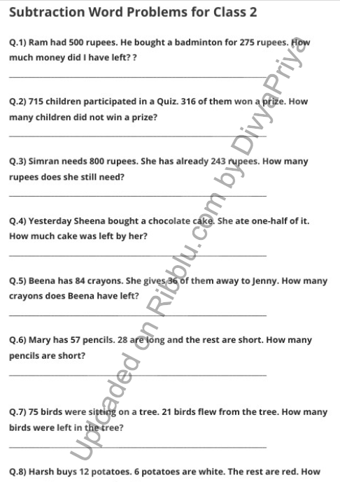 Subtraction Word Problems for Class 2 in PDF format